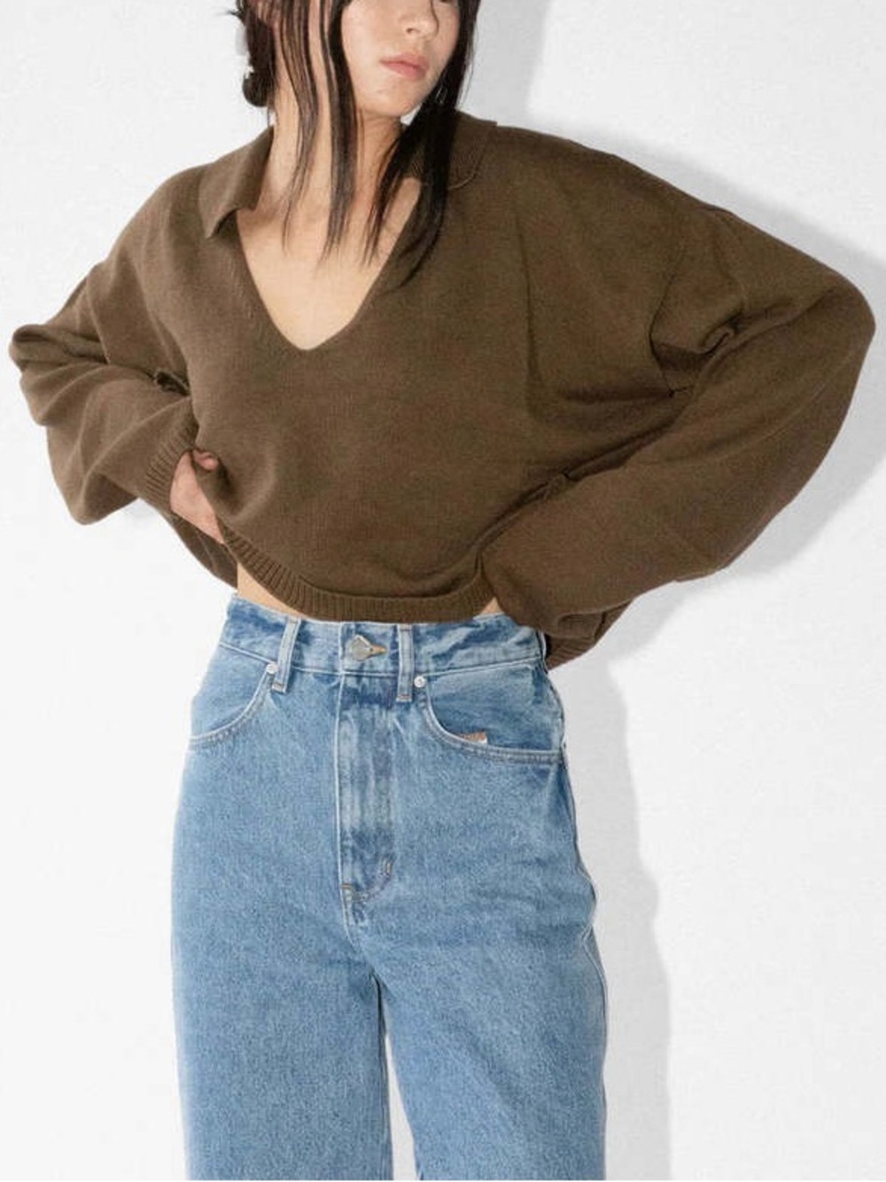 New James Street Co. Wren Pullover V-Neck Collar Cropped Sweater Sz Medium Brown